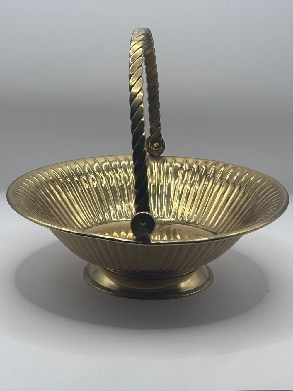 Vintage Sears Brass-Tone Ribbed Decorative Basket with Twisted Handle
